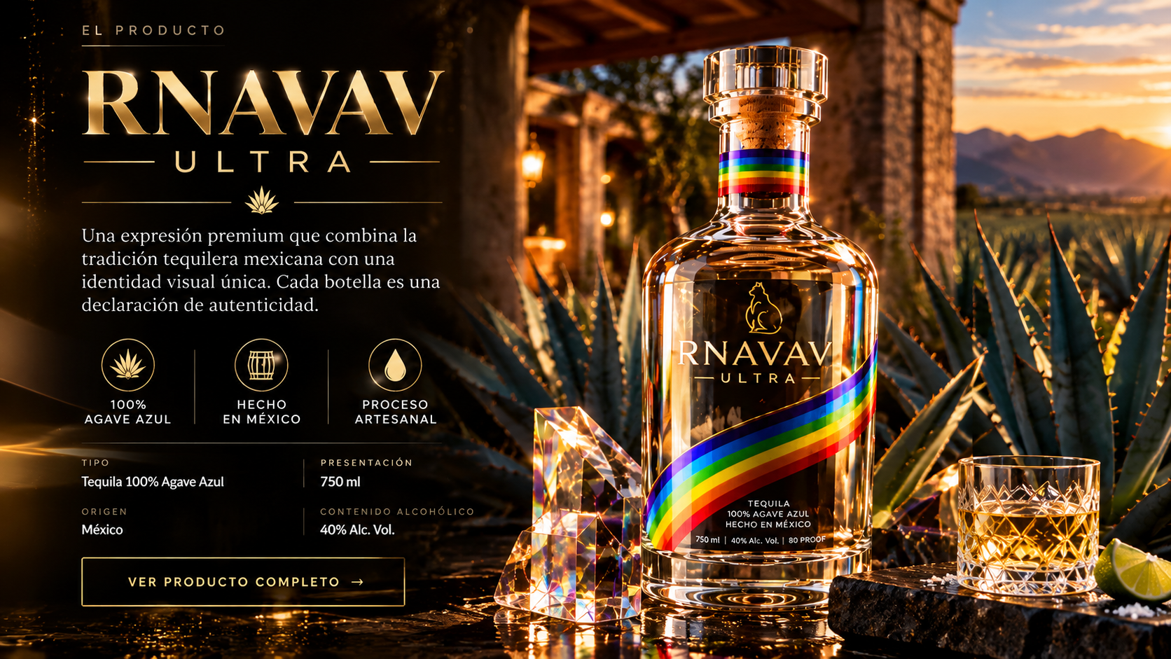 Botella oficial RNAVAV ULTRA — Tequila 100% Agave Azul, 750 ml, 40% Alc. Vol., Hecho en México